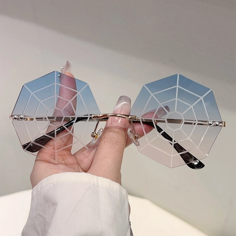 Spider Web Pattern Octagonal Rimless Sunglasses PC Lens And Metal Frame UV400 Protection Halloween Party Gothic Fashion