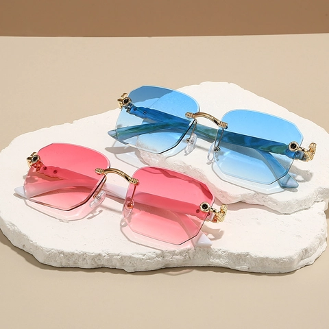 Randlose Oktogonale Sonnenbrille Mode Leopard Metall Dekor Polygon Verlaufsgläser UV400 Schutz Retro Luxus Brille