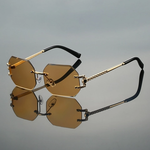 Randlose Polygonale Sonnenbrille Metall Gold Kettenbügel Verlauf Luxus Mode Reise Urlaub Brille Für Damen Herren