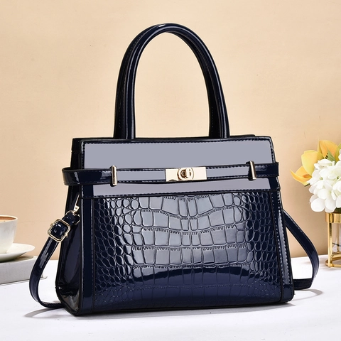 Sac À Main En Cuir PU Verni Motif Crocodile Grande Capacité Sac Bandoulière Élégant Style Rétro Femmes