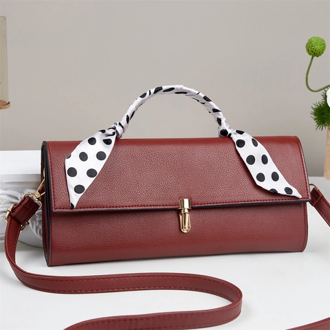 Women Shoulder Crossbody Bag PU Leather Litchi Grain Handbag With Polka Dot Scarf Decor Metal Lock Versatile Fashion