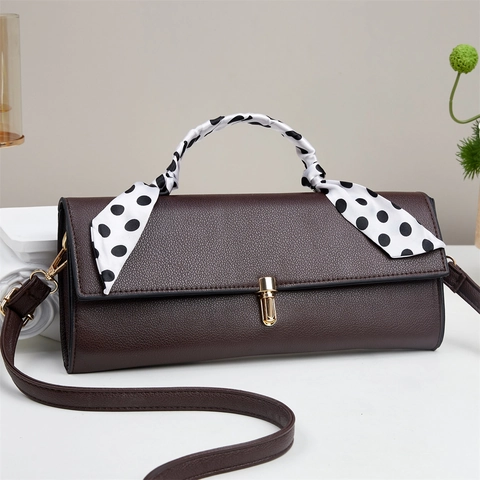 Women Shoulder Crossbody Bag PU Leather Litchi Grain Handbag With Polka Dot Scarf Decor Metal Lock Versatile Fashion