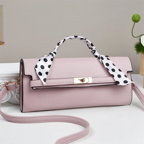 Litchi Pattern PU Leather Handbag For Women Elegant Rectangular Crossbody Bag With Polka Dot Satin Scarf Metal Lock