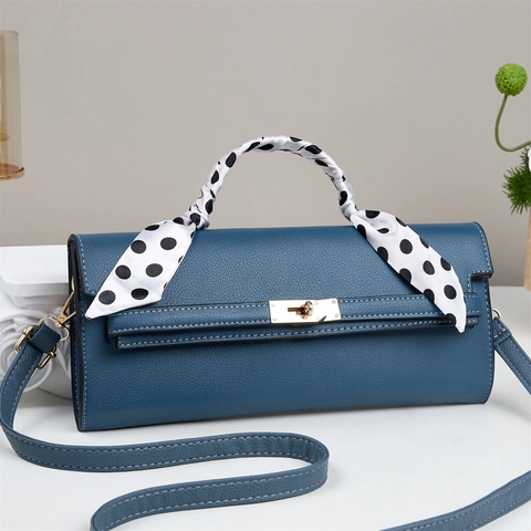 Litchi Pattern PU Leather Handbag For Women Elegant Rectangular Crossbody Bag With Polka Dot Satin Scarf Metal Lock