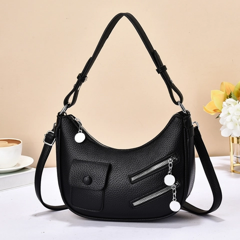 Damen Hobo Tasche PU Leder Litschi Muster Achsel Umhängetasche Mit Verstellbarem Riemen Silberne Hardware Halbmond Tasche
