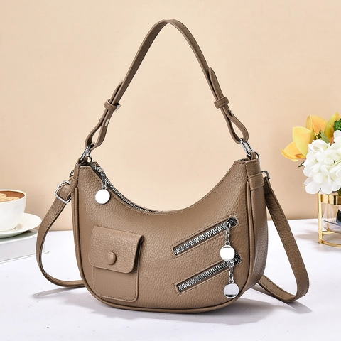 Damen Hobo Tasche PU Leder Litschi Muster Achsel Umhängetasche Mit Verstellbarem Riemen Silberne Hardware Halbmond Tasche