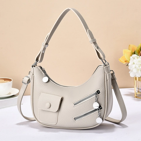 Borsa Hobo In Pelle PU Trama Litchi Borsa A Spalla Mezzaluna Doppie Cerniere Tracolla Regolabile Stile Trendy Donna