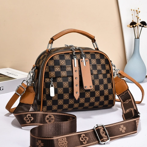 Bolso Boston Retro con Patrón de Trébol de Ajedrez para Mujer Bolso de Hombro de Cuero PU Correa Ancha de Tela Gran Capacidad