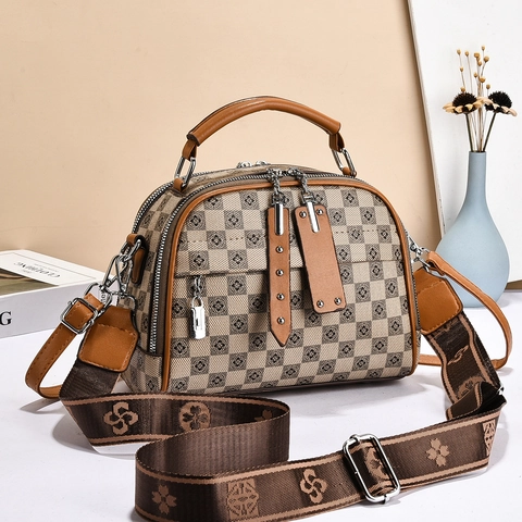 Bolso Boston Retro con Patrón de Trébol de Ajedrez para Mujer Bolso de Hombro de Cuero PU Correa Ancha de Tela Gran Capacidad