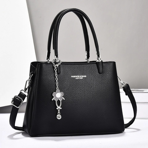 Elegante Dames Handtas Van PU Leer Met Litchi Patroon Grote Capaciteit Met Bloem Hanger Schouder Crossbody Tas
