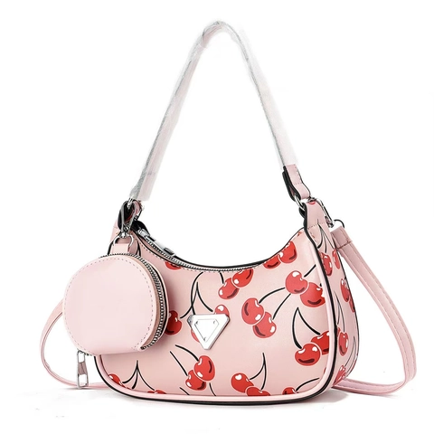 Dames Schoudertas Van PU Leer Kersenprint Halfmaan Hobo Tas Met Ronde Kleine Muntenportemonnee Trendy Stijlvolle Handtas