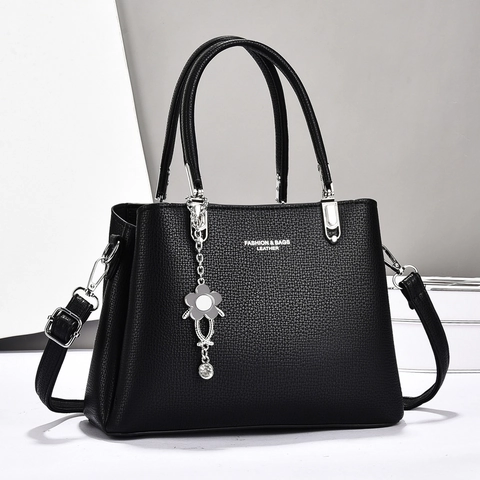 Women Lychee Grain PU Leather Tote Bag Fashion Commuter Crossbody Shoulder Handbag With Flower Pendant Silver Tone Hardware