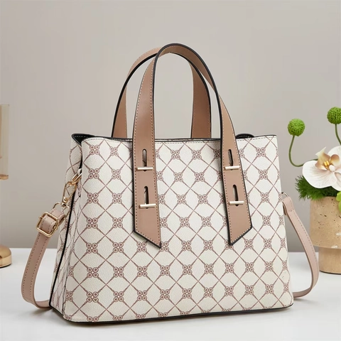 Women Large Capacity Tote Handbag Vintage Monogram Print PU Leather Crossbody Bag Adjustable Strap Office Commute Bag