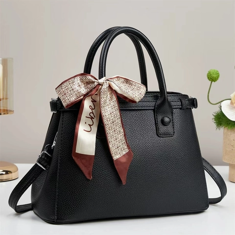 Women Elegant PU Leather Tote Bag Lychee Grain Handbag With Decorative Satin Scarf Top Handle Shoulder Bag For Commuting Office Daily Use