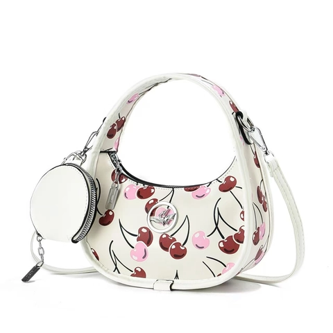 Damen PU Leder Kirschdruck Halbmond Umhängetasche Mit Rundem Kleingeldfach Retro Mode Crossbody Hobo Bag