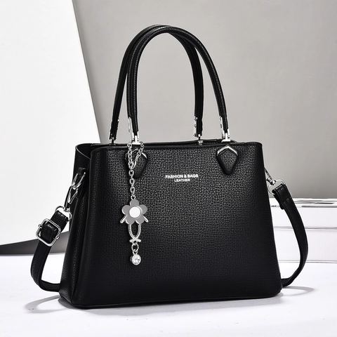 Women Large Capacity PU Leather Handbag Lychee Pattern Tote Bag With Flower Pendant Fashion Shoulder Crossbody Bag For Commuting