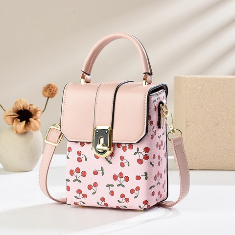 Women Cherry Print Small Bucket Bag PU Leather Crossbody Handbag With Metal Lock Vintage Sweet Style Square Shoulder Bag