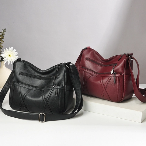 Women Shoulder Crossbody Bag Multi Zipper Pockets Large Capacity Lychee Texture PU Leather Retro Daily Versatile