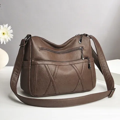 Women Shoulder Crossbody Bag Multi Zipper Pockets Large Capacity Lychee Texture PU Leather Retro Daily Versatile