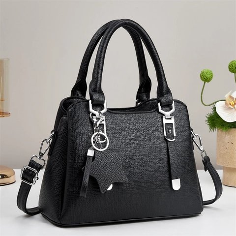 Women Litchi Grain PU Leather Handbag Shoulder Crossbody Bag With Star Pendant Silver Hardware Urban Simple Style