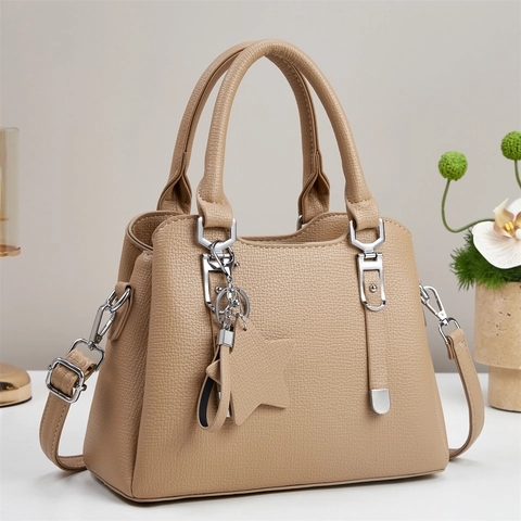 Women Litchi Grain PU Leather Handbag Shoulder Crossbody Bag With Star Pendant Silver Hardware Urban Simple Style