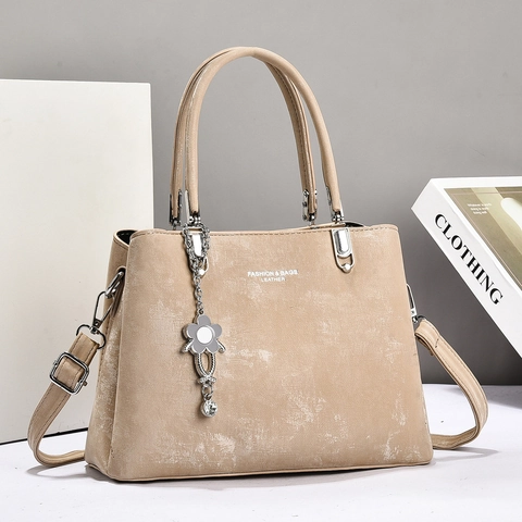 Women Vintage PU Leather Handbag Frosted Texture Shoulder Bag With Flower Pendant Adjustable Strap Top Handle Tote