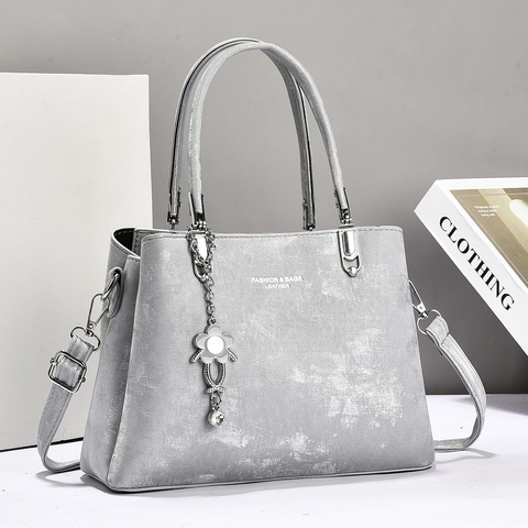 Women Vintage PU Leather Handbag Frosted Texture Shoulder Bag With Flower Pendant Adjustable Strap Top Handle Tote
