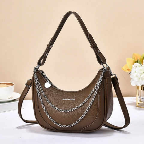 Hobo Tasche Lychee Muster PU Leder Damen Mode Achsel Schulter Umhängetasche Mit Metallkette Dekoration Minimalistisch