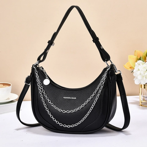 Litchi Grain PU Leather Crescent Hobo Bag With Double Metal Chain Chic Solid Color Shoulder Crossbody Bag For Women