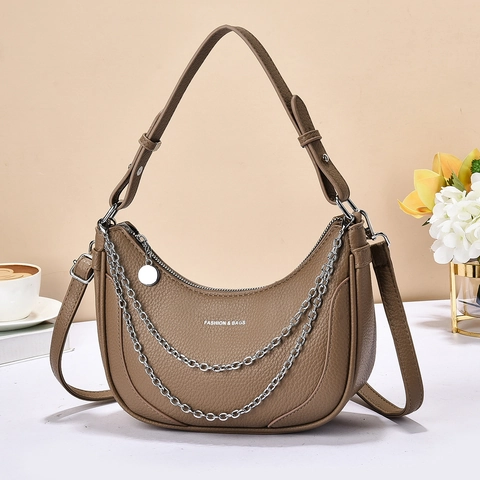 Litchi Grain PU Leather Crescent Hobo Bag With Double Metal Chain Chic Solid Color Shoulder Crossbody Bag For Women