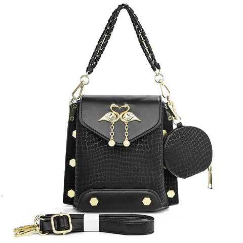Sac À Main Sac Bandoulière Femme En Cuir PU À Motif Crocodile Et Petit Porte Monnaie Rond Boucle Flamant Rose Rivet Poignée Tressée