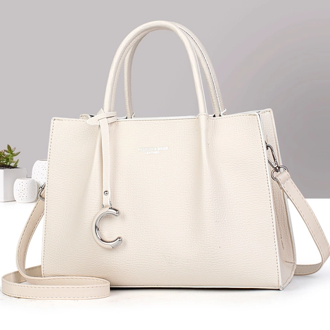 Women Handbag PU Leather Lychee Pattern Tote Crossbody Shoulder Bag Large Capacity Top Handle With Metal C Charm