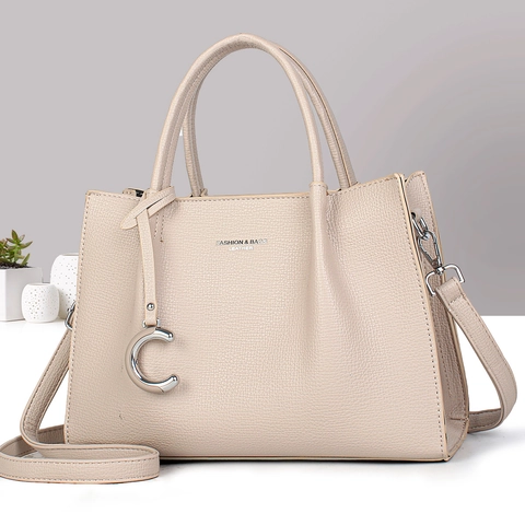 Women Handbag PU Leather Lychee Pattern Tote Crossbody Shoulder Bag Large Capacity Top Handle With Metal C Charm