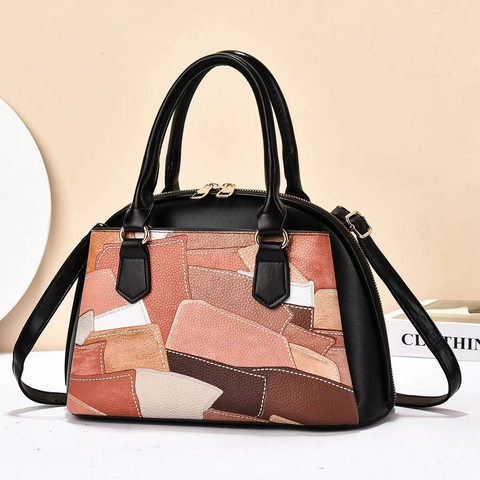 Women Patchwork Handbag PU Leather Lychee Grain Large Capacity Crossbody Bag Top Handle Vintage Style Casual Satchel