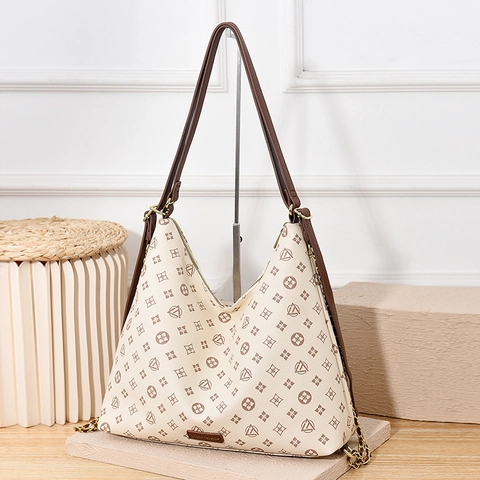 Women Hobo Bag PU Leather Large Capacity Retro Checkered Monogram Shoulder Handbag With Chain Decor Travel Casual