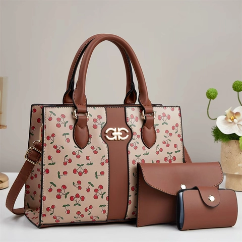 Borsa Tote In Pelle PU Con Stampa Ciliegia Con Pochette E Porta Carte Borsa A Tracolla Vintage Da Donna