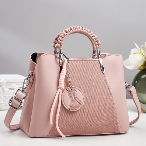 Women Handbag PU Leather Woven Fabric Patchwork Crossbody Shoulder Bag With Woven Handle Metal Charm Versatile Fashion