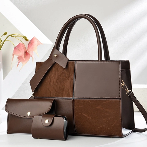PU Leather Handbag Tote With Envelope Wallet And Card Holder Color Block Contrast Stitching Large Capacity Shoulder Bag Women