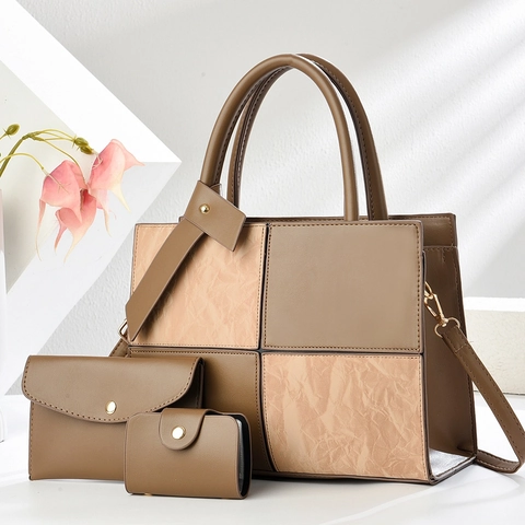 Women Elegant Faux Leather Handbag Set Patchwork Shoulder Bag Light Luxury Tote Crossbody Bag Commuter Lady Purse Set