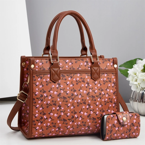 Sac À Main Et Portefeuille Pour Femme Avec Imprimé Cerise En Cuir PU Fourre-Tout Sac À Bandoulière Mode Motif Floral Fermeture Éclair