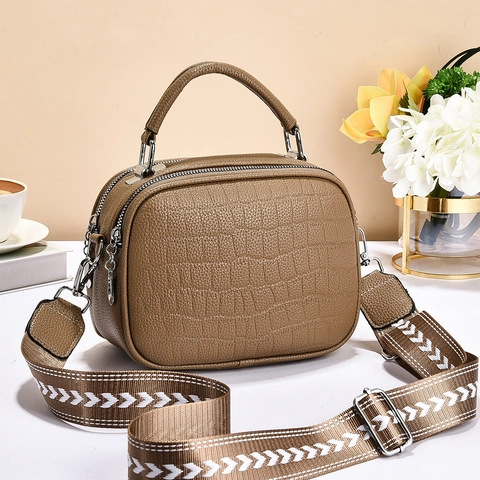 Crocodile Pattern PU Leather Handbag Double Zipper Crossbody Bag Wide Geometric Strap Fashion Trendy Women Square Bag