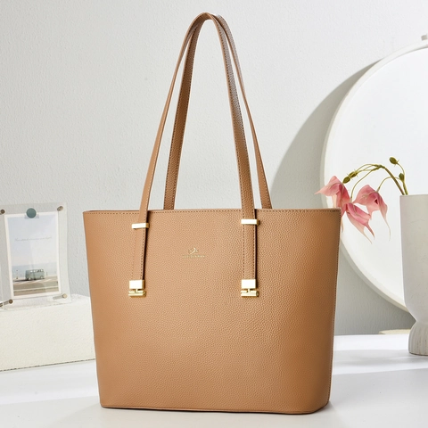 Women Large Capacity Tote Bag Litchi Grain PU Leather Solid Color Commuter Office Handbag Gold Hardware Zipper Closure
