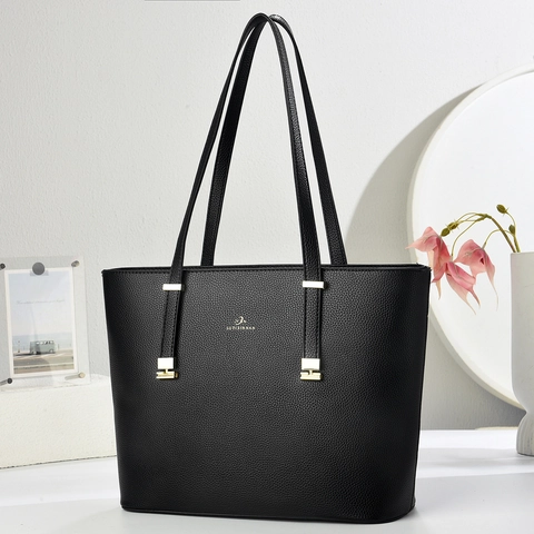 Women Large Capacity Tote Bag Litchi Grain PU Leather Solid Color Commuter Office Handbag Gold Hardware Zipper Closure