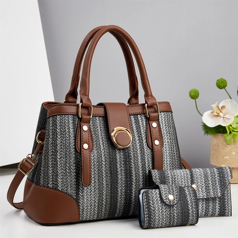 Women Handbag Wallet And Card Holder PU Leather Woven Striped Top Handle Shoulder Strap Chic Elegant Casual