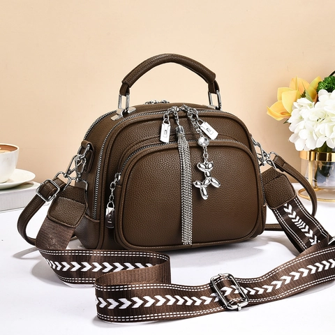 Women Litchi Grain PU Leather Handbag Multi-Layer Zipper Crossbody Bag With Wide Woven Strap And Balloon Dog Pendant