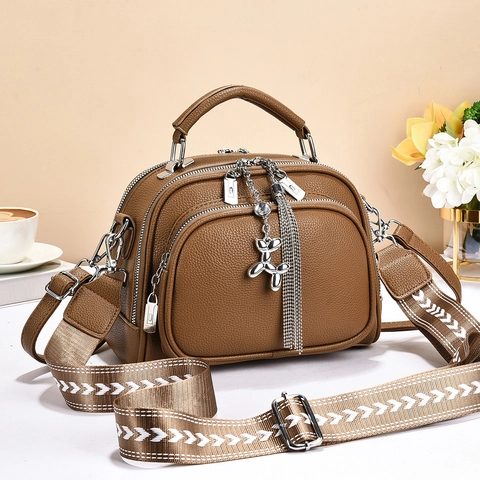 Women Litchi Grain PU Leather Handbag Multi-Layer Zipper Crossbody Bag With Wide Woven Strap And Balloon Dog Pendant