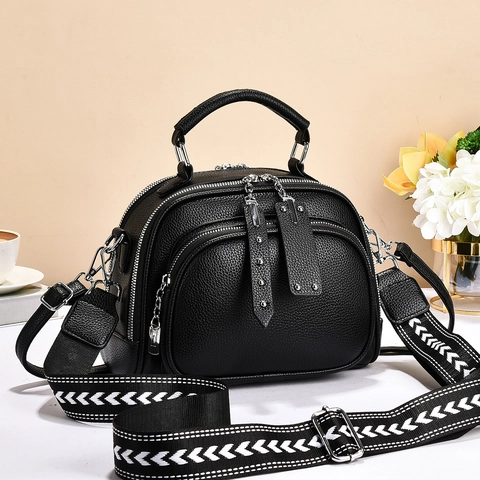 Borsa A Tracolla Da Donna In Pelle PU Grana Litchi Multi Cerniera Tracolla Larga Versatile Retro Borsa A Mano