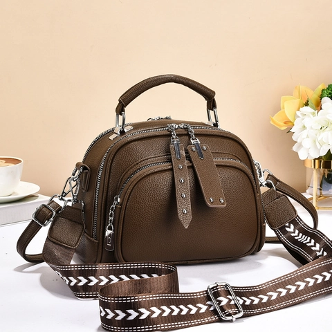 Borsa A Tracolla Da Donna In Pelle PU Grana Litchi Multi Cerniera Tracolla Larga Versatile Retro Borsa A Mano