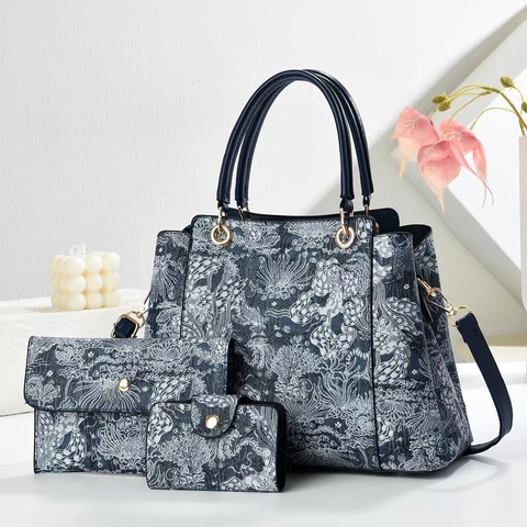 Vintage Floral Print Handbag Clutch And Wallet PU Leather Elegant Crossbody Bag With Adjustable Strap Gold Hardware Women