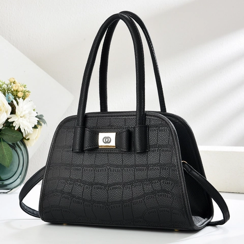 Women Crocodile Pattern PU Leather Handbag Elegant Bow Decor Large Capacity Commuter Shoulder Crossbody Bag